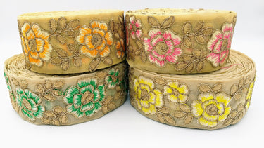 Yellow and Gold Floral Embroidery Trimming, Embroidered Roses Flowers Trim, Sheer Fabric Lace